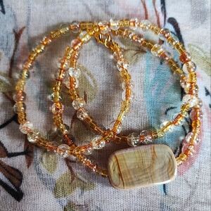 Round Beaded Seed Bead Honey Color Variegated Ceramic Stone Necklace